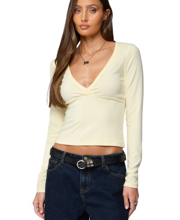 アディクテッド レディース トップス シャツ Vネック Edikted Womens Doron V Neck Long Sleeve Top Yellow イエロー