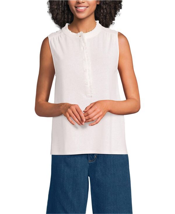 ランズエンド レディース トップス タンクトップ フリル リネン Lands End Womens Linen Blend Ruffle Trim Tank Top Ivory アイボリー