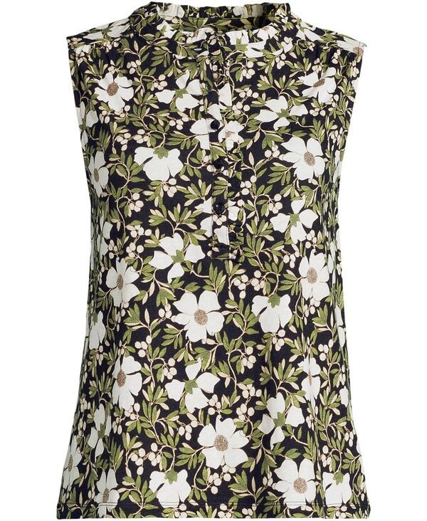 ランズエンド レディース トップス タンクトップ フリル リネン Lands End Womens Linen Blend Ruffle Trim Tank Top Black floral blos