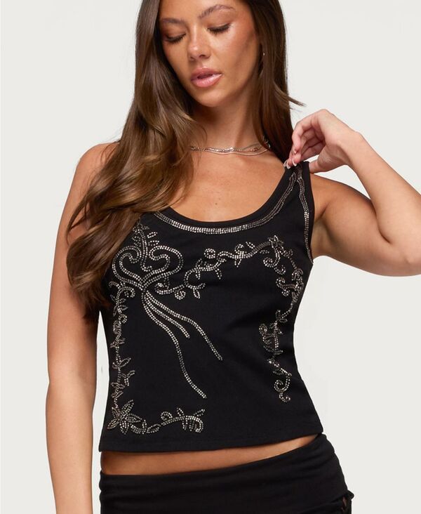 アディクテッド レディース トップス タンクトップ Edikted Womens Taliah Beaded Scoop Neck Tank Top Black ブラック