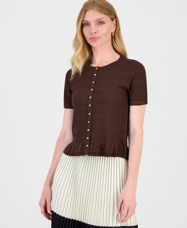 ティー・タハリ レディース アウター ニット・セーター フリル カーディガン Tahari Womens Textu red RuffledHem Cardigan Cocoa Bean ココア