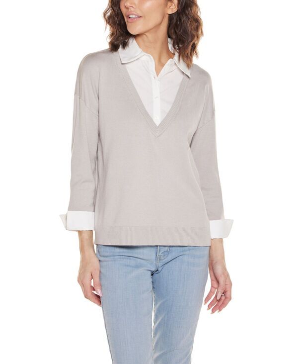 ベルディーニ レディース アウター ニット・セーター Belldini Womens Woven Collar Twofer Sweater Silver シルバー