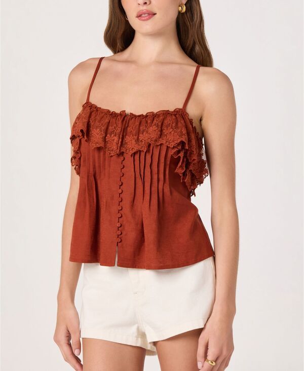 アストール レディース トップス タンクトップ レーストリム フリル レース ASTR the Label Womens Ruffled Lace Trim Straight Neck Tank To