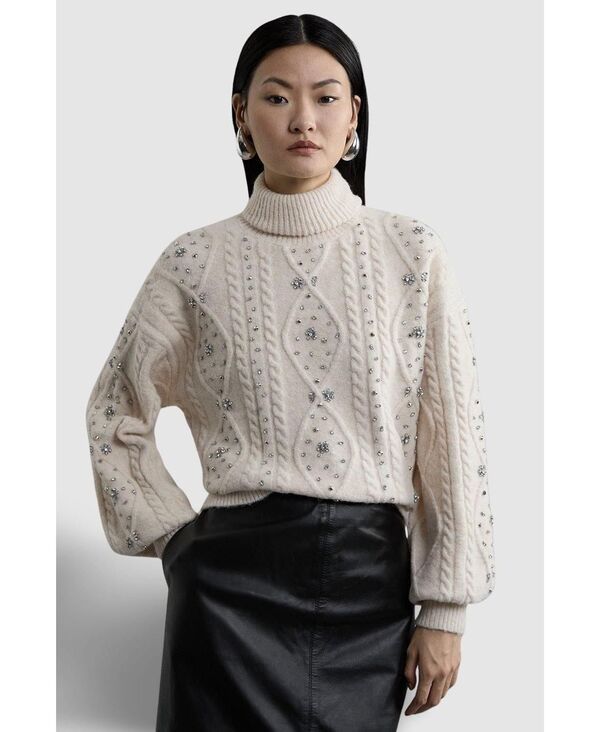カレンミレン レディース アウター ニット・セーター ウール Karen Millen Womens Wool Blend Embellished Cable Knit Jumper Cream クリ