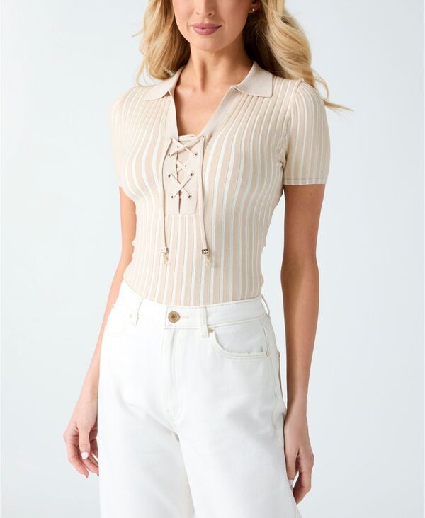 ゲス レディース アウター ニット・セーター ポロシャツ 半袖 レース GUESS Womens Regina ShortSleeve Polo LaceUp Sweater Beige Cream 11,886円