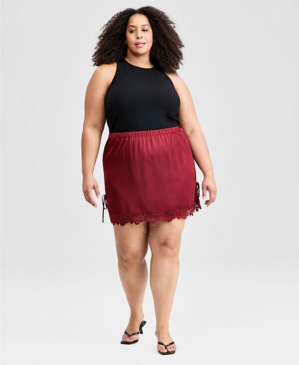 アンドノウディス レディース ボトムスカート プラスサイズ ミニ サテン レース And Now This Trendy Plusize Satin LaceTrimini Skirt Crimson