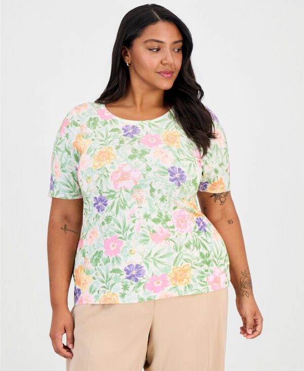 タハリエーエスエル レディース アウター ニット・セーター プラスサイズ プリント 半袖 Tahari ASL Plusize Printed ShortSleeve Sweater NudeMoss