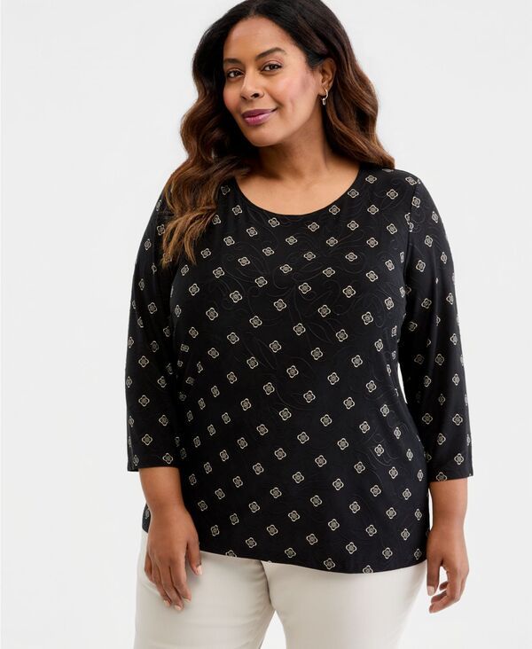 ジェイエムコレクション レディース トップス シャツ プリント JM Collection Womens Printed 34 Sleeve ScoopNeck Jacquard Top Deep B
