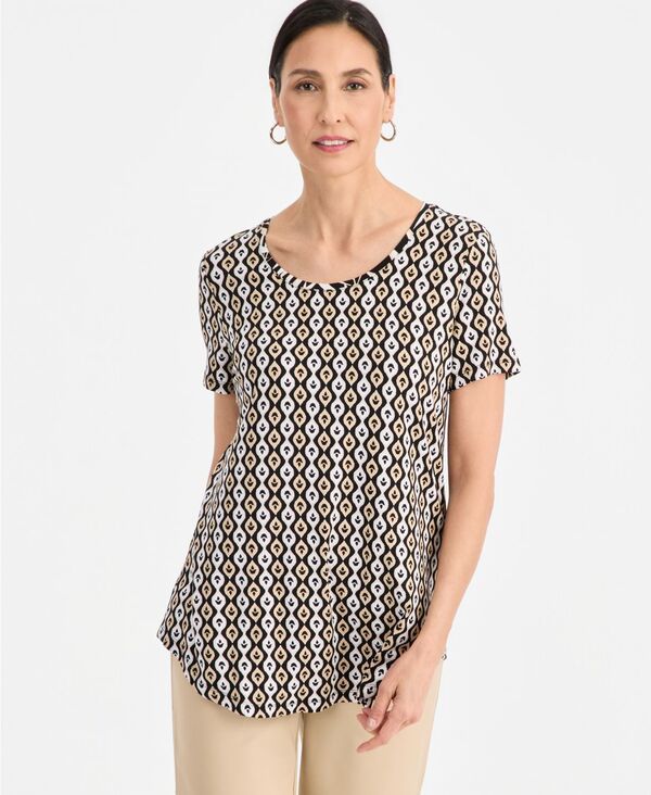 ジェイエムコレクション レディース トップス シャツ プリント JM Collection Womens Printed ScoopNeck Short Sleeve Top Deep Black ブ