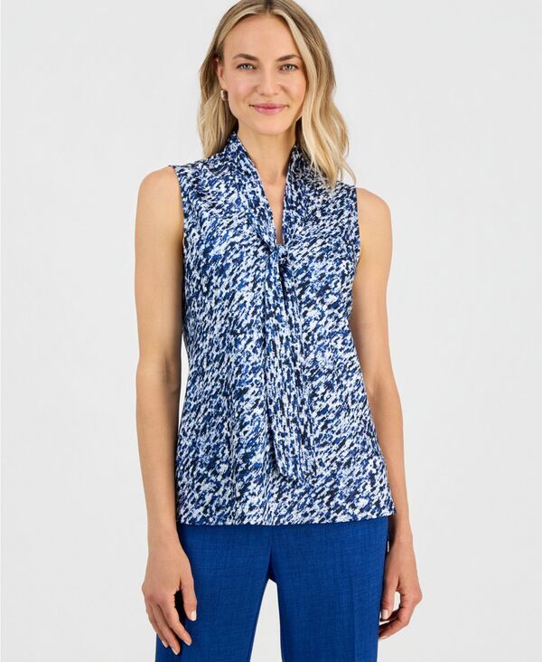 カスパール レディース トップス シャツ プリント ノースリーブラウス Kasper Womens Printed TieNeck Sleeveless Blouse Blue Night Multi