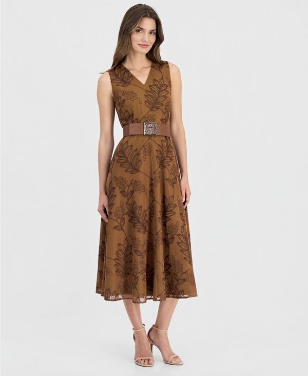 アンクライン レディース トップス ワンピース Vネック ミディ 刺繍 Anne Klein Womens VNeck Embroide red Belted Midi Dress CHILIBROW