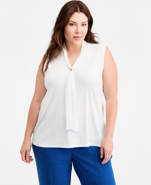 カスパール レディース トップス シャツ プラスサイズ ノースリーブ Kasper Plusize TieNeck Sleeveless Top Vanilla Ice