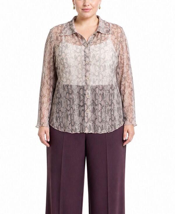 コイン 1804 レディース トップス シャツ プラスサイズ メッシュ COIN 1804 Plusize Python Mesh ButtonFront Shirt Ivory Mauve アイボリ