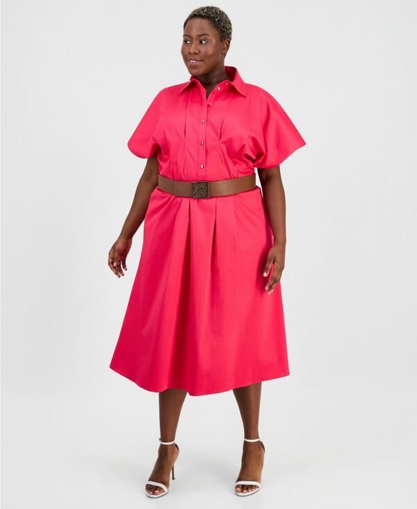 アンクライン レディース トップス シャツ プラスサイズ プリーツ ミディ Anne Klein Plusize Belted Pleated Midi Shirtdress Grenadine