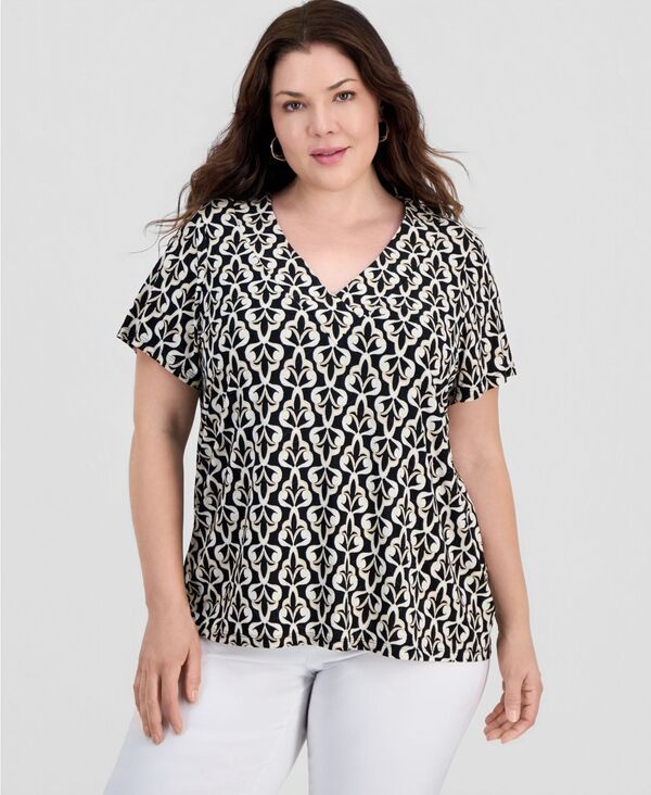 ジェイエムコレクション レディース トップス シャツ Vネック プリント JM Collection Womens Printed Short Sleeve VNeck Jacquard Top De 7,336円
