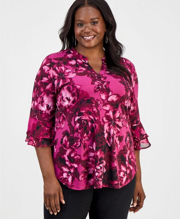 カスパール レディース トップス シャツ プラスサイズ プリント Kasper Plusize SplitNeck Printed FlutterSleeve Top Cerise Multi マルチ 19,595円