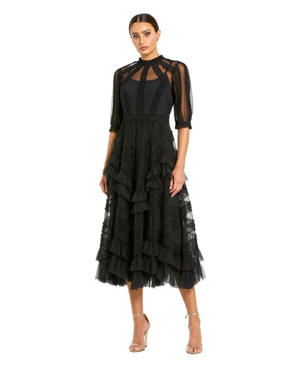 マックダガル レディース トップス ワンピース ティアード A ライン ハイネック プチ フリル ミディ Mac Duggal Petite Illusion High Neck Tie red Ru