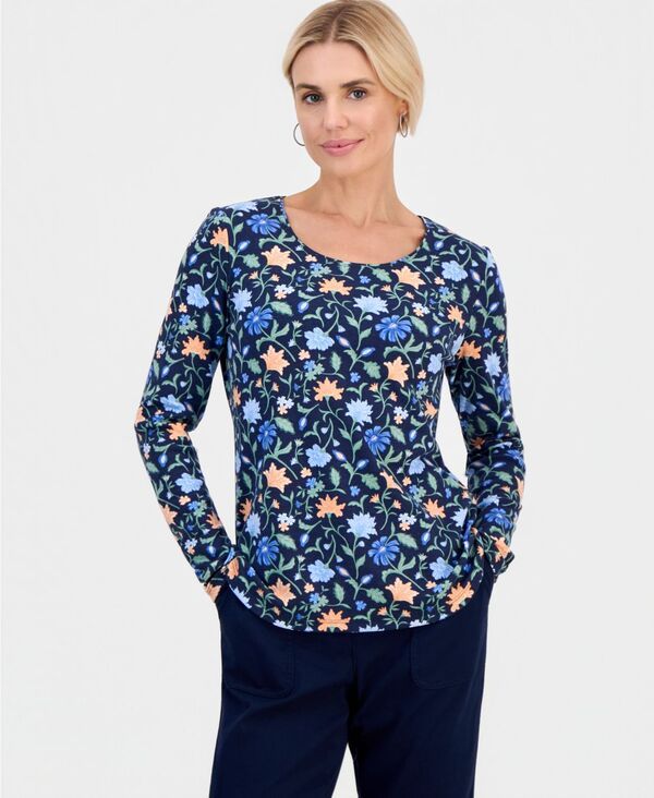 スタイルアンドコー レディース トップス シャツ プチ 長袖 Style Co Petite Soft Flora ScoopNeck LongSleeve Top Industrial Blue ブ