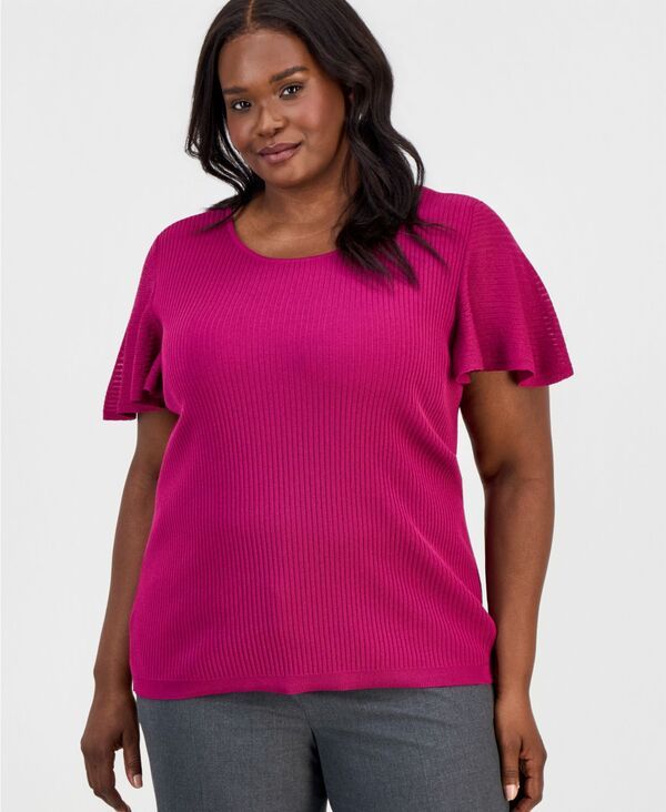 カスパール レディース アウター ニット・セーター クルーネック Kasper Womens Crewneck FlutterSleeve RibKnit Sweater Cerise 19,595円