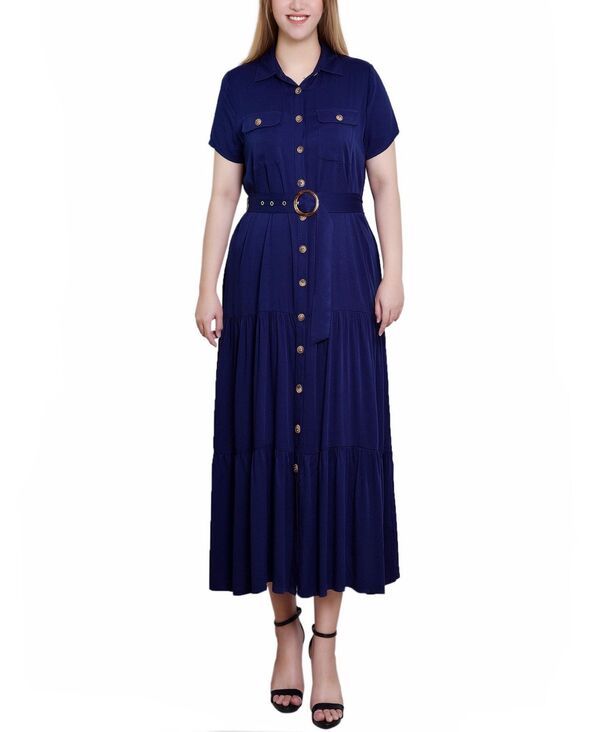 ニューヨークコレクション レディース トップス ワンピース プチ ミディ NY Collection Petite Short Sleeve Midi Twill Dress Navy ネイビー