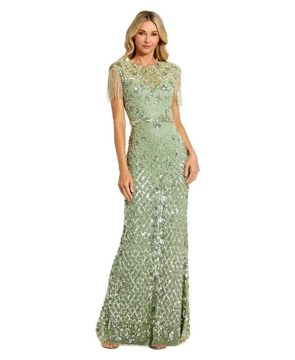 マックダガル レディース トップス ワンピース プチ フリンジ Mac Duggal Petite Beaded Fringe HighNeck Fitted Eveningown Sage セージ