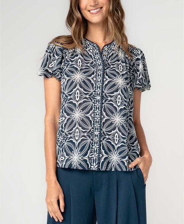 リヴァプール ロサンゼルス レディース トップス シャツ クルーネック プチ ブラウス Liverpoolos Angeles Petite Crewneck Blouse Blue W Cream
