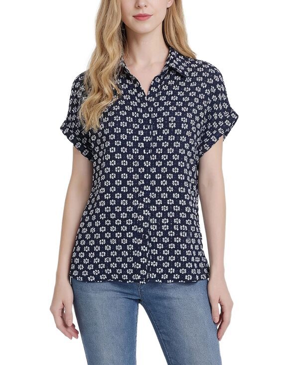 ニューヨークコレクション レディース トップス シャツ プチ 半袖 ブラウス レース NY Collection Petite ShortSleeve Lace Blouse Navy White ホ