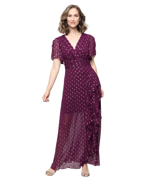エスエルファッションズ レディース トップス ワンピース Vネック プチ 半袖 SL Fashions Petite ShortSleeve VNeck Long Dress Italian Plum