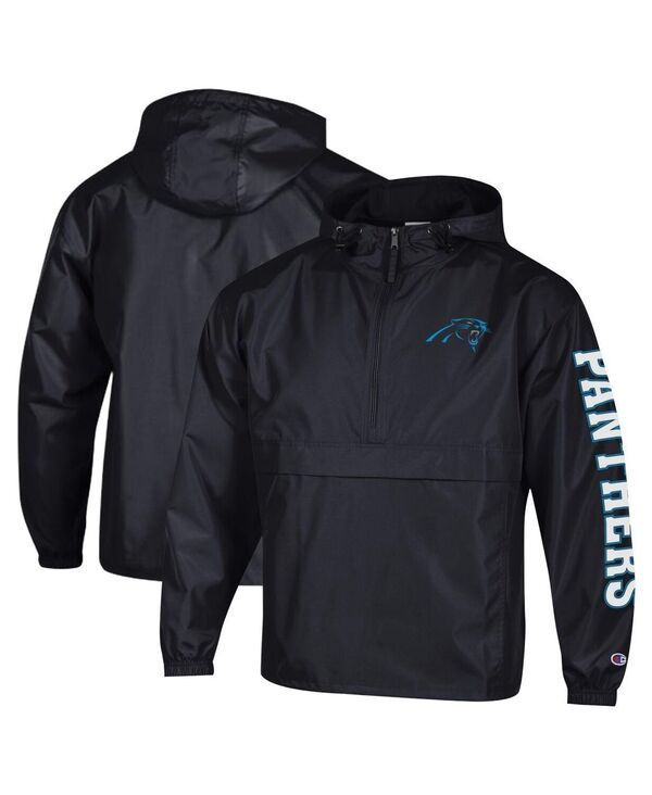 チャンピオン メンズ アウター ジャケット・ブルゾン Champion Mens Black Carolina Panthers Packable Hooded Windbreaker HalfZip