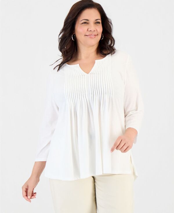 スタイルアンドコー レディース トップス シャツ プラスサイズ Style Co Plusize Pintuck SplitNeck 34Sleeve Top Bright White ホワイト