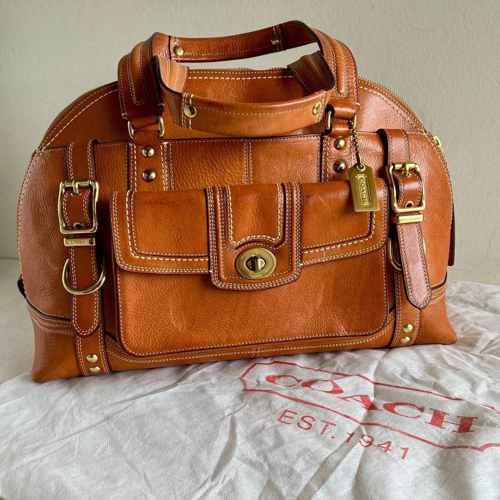 Coach Hamptons Miranda Large Dome Satchel Whiskey Brown Leather Handbag Y2K
