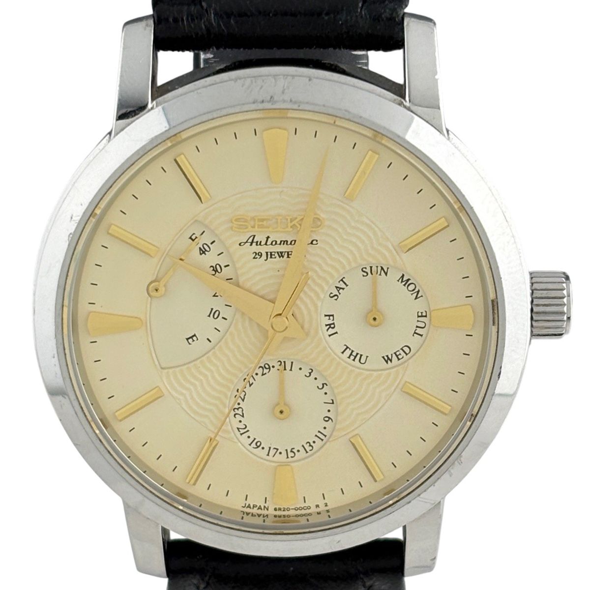 セイコー SEIKO メカニカル デイデイト パワーリザーブ 6R20-00B0 腕時計 SS レザー 自動巻き イエロー系 メンズ 【中古】