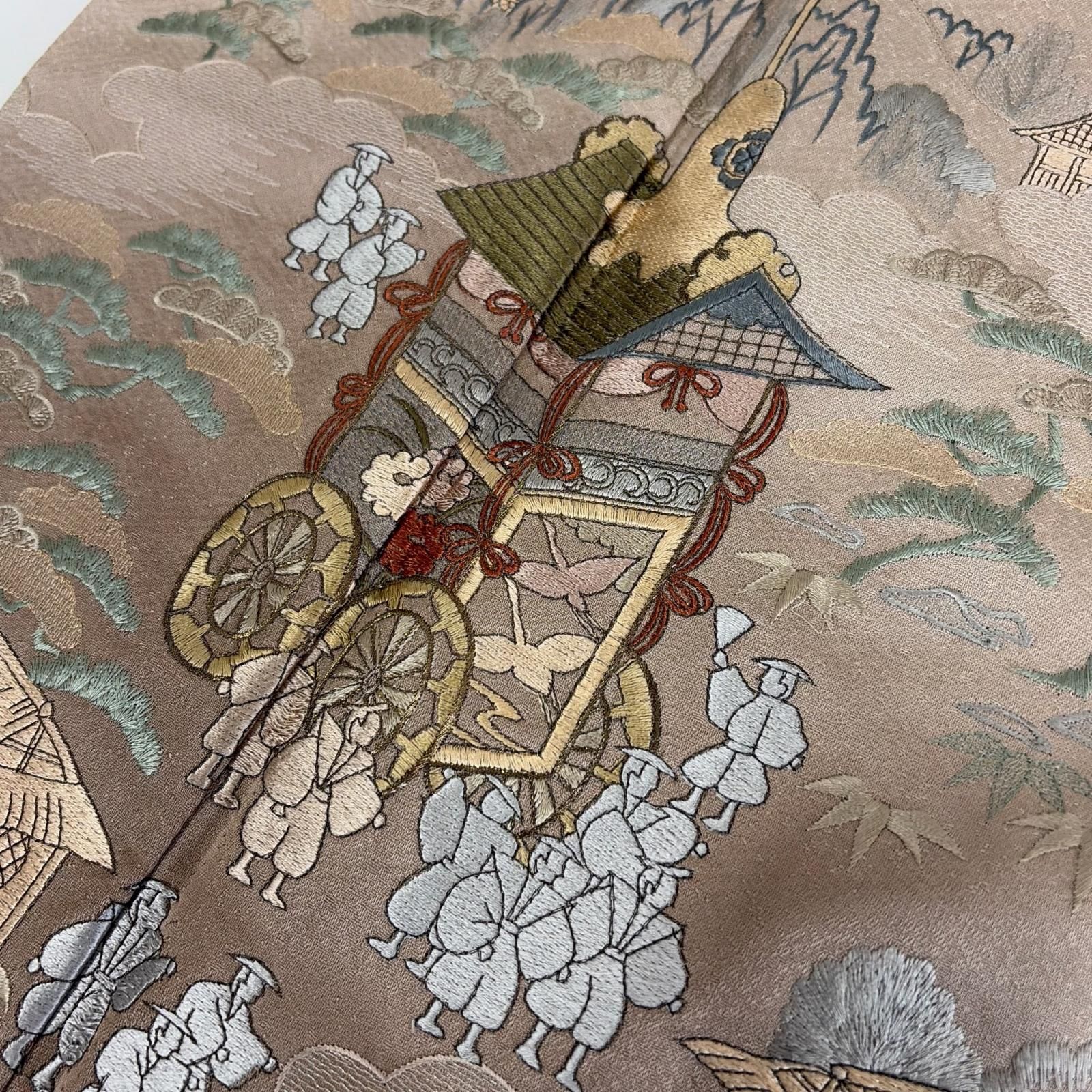 付下げ 総刺繍 鉾 洛中洛外図 一つ紋 裄65.5 正絹 着物 a-1272