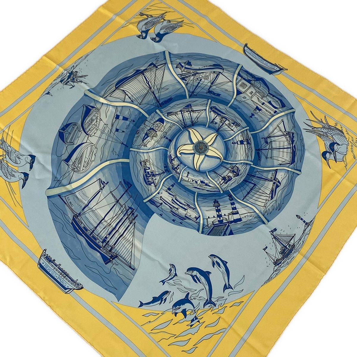 HERMES(エルメス) スカーフ美品 カレ90 ライトブルー×ダークイエロー×マルチ COMPAGNONS DE MER