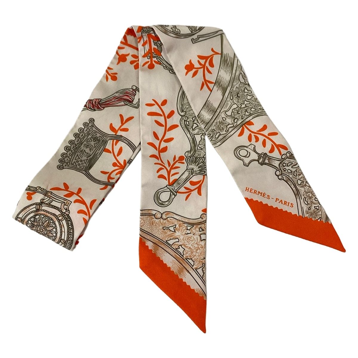 HERMES(エルメス) スカーフ美品 ツイリー ライトグレー×オレンジ