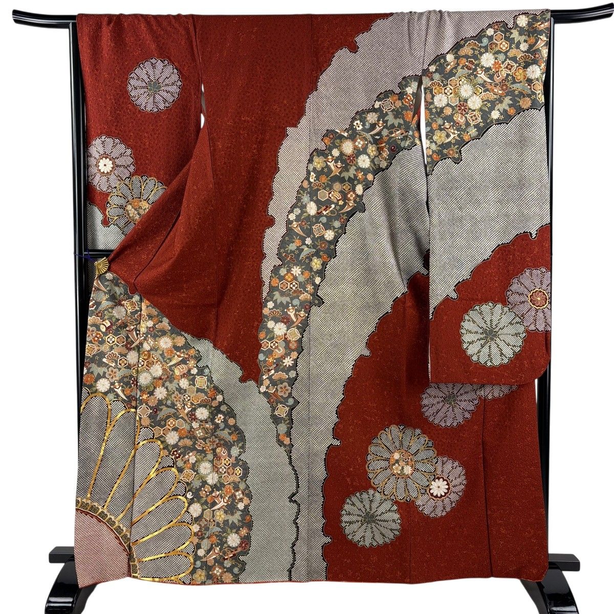 振袖 身丈164.5cm 裄丈66cm M 袷 宝尽くし 菊 金糸 刺繍 赤茶 正絹 秀品 【中古】