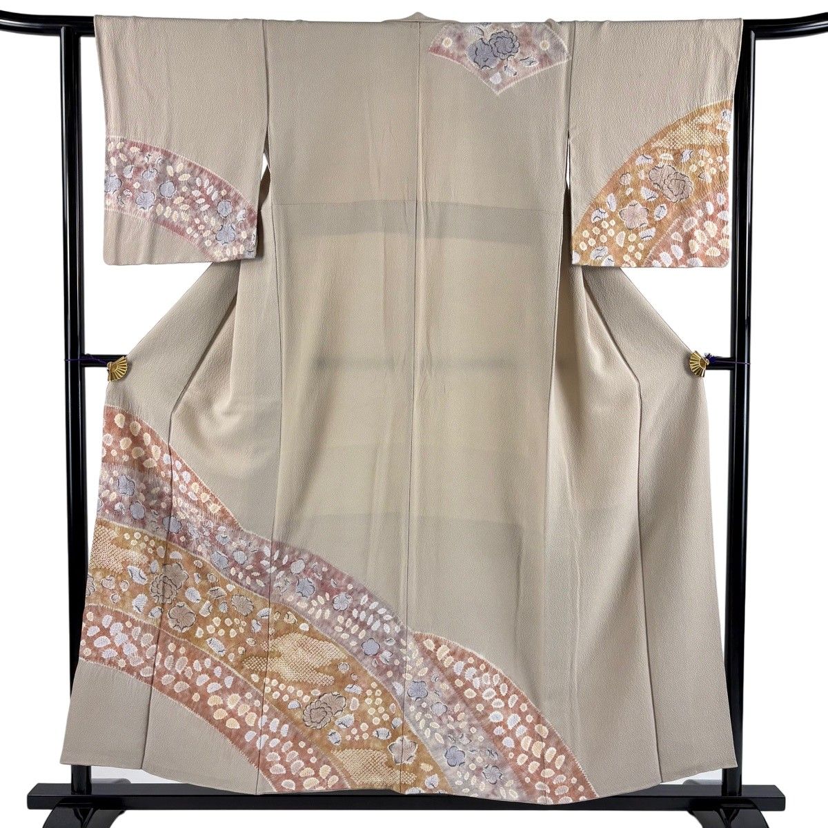 訪問着 身丈153cm 裄丈62.5cm S 袷 草花 霞 絞り ベージュ 正絹 秀品 【中古】 6,952円