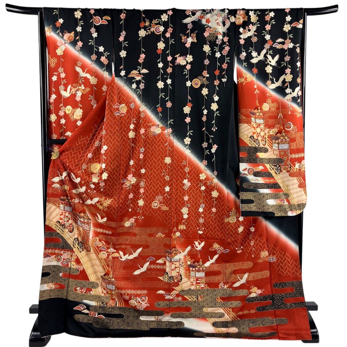 振袖 身丈173.5cm 裄丈65cm M 袷 山鉾 鶴 金彩 朱色 正絹 秀品 【中古】
