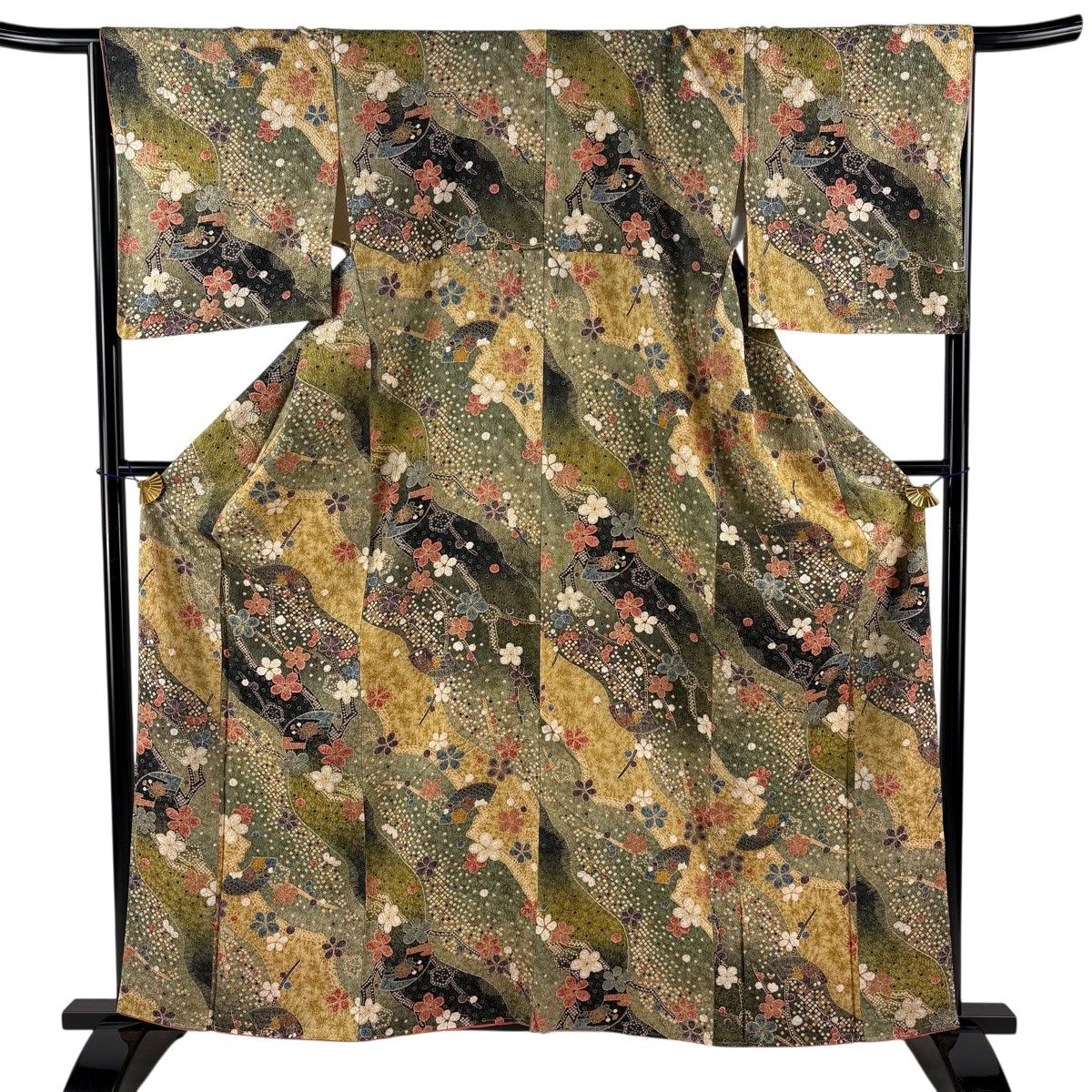 【美品】 小紋 身丈161cm 裄丈67.5cm L 袷 枝梅 扇面 金彩 黄土色 正絹 秀品 【中古】