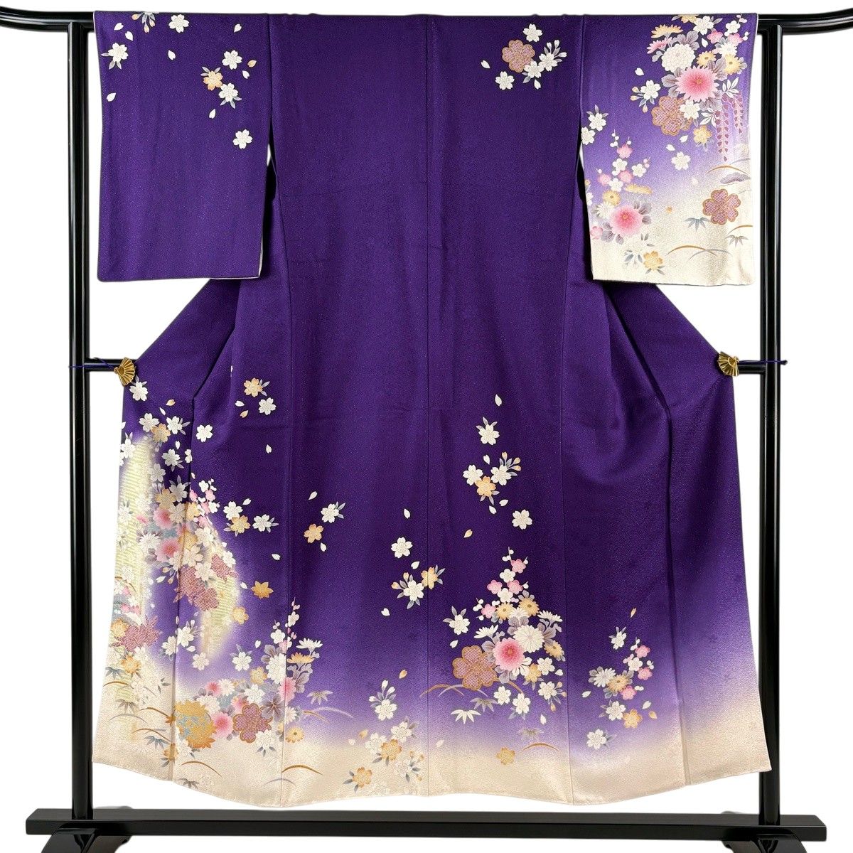 【美品】 訪問着 身丈150.5cm 裄丈62cm S 袷 背抜き 桜 芝 銀通し 金糸 紫 正絹 秀品 【中古】