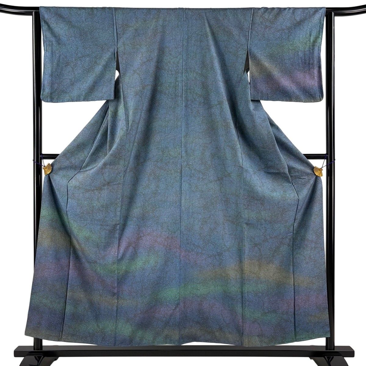 【美品】 付下げ 身丈155.5cm 裄丈63cm S 袷 紬地 霞 幾何学模様 ぼかし 青灰色 正絹 秀品 【中古】