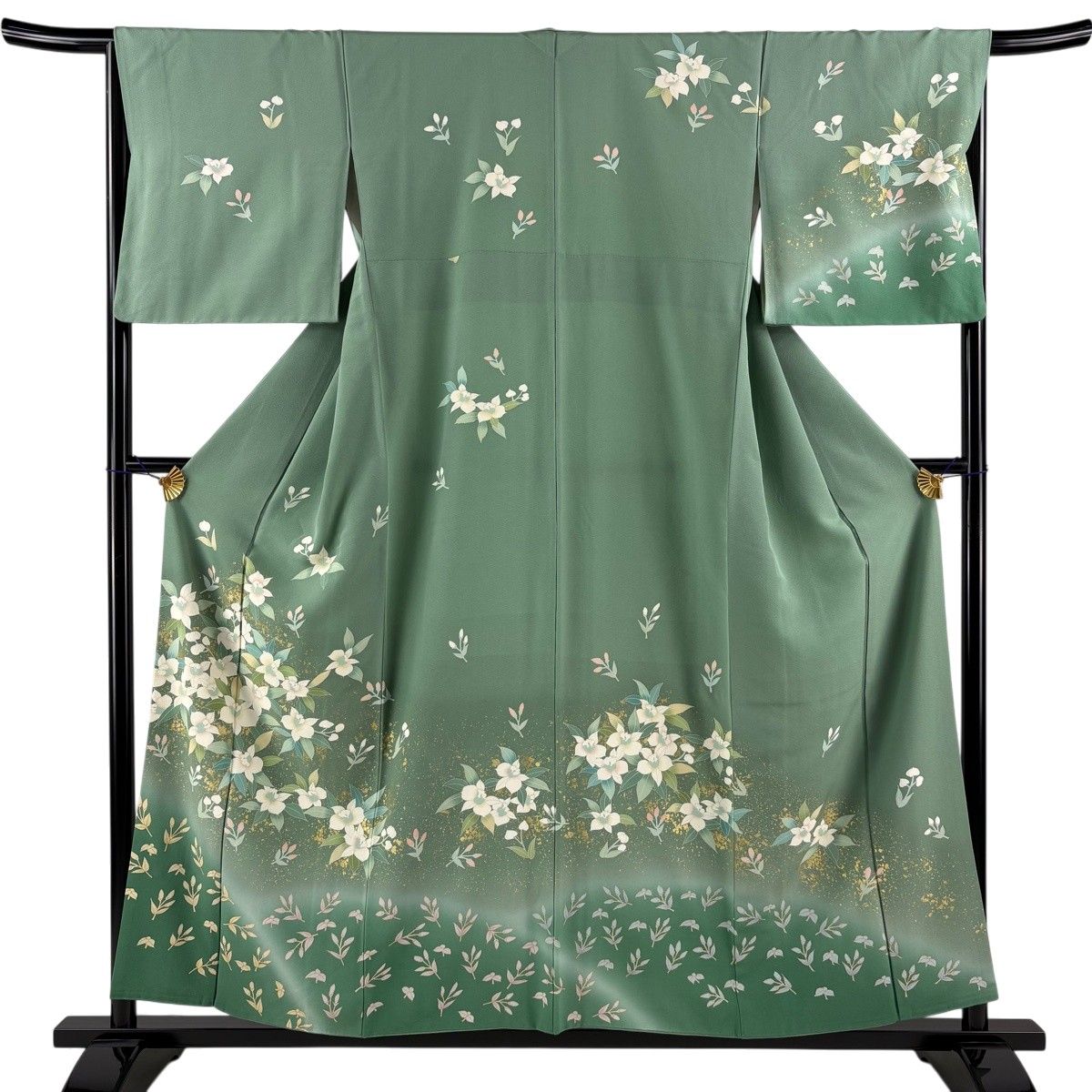 訪問着 身丈156.5cm 裄丈66cm M 袷 草花 蕾 金彩 ぼかし 薄緑 正絹 秀品 【中古】