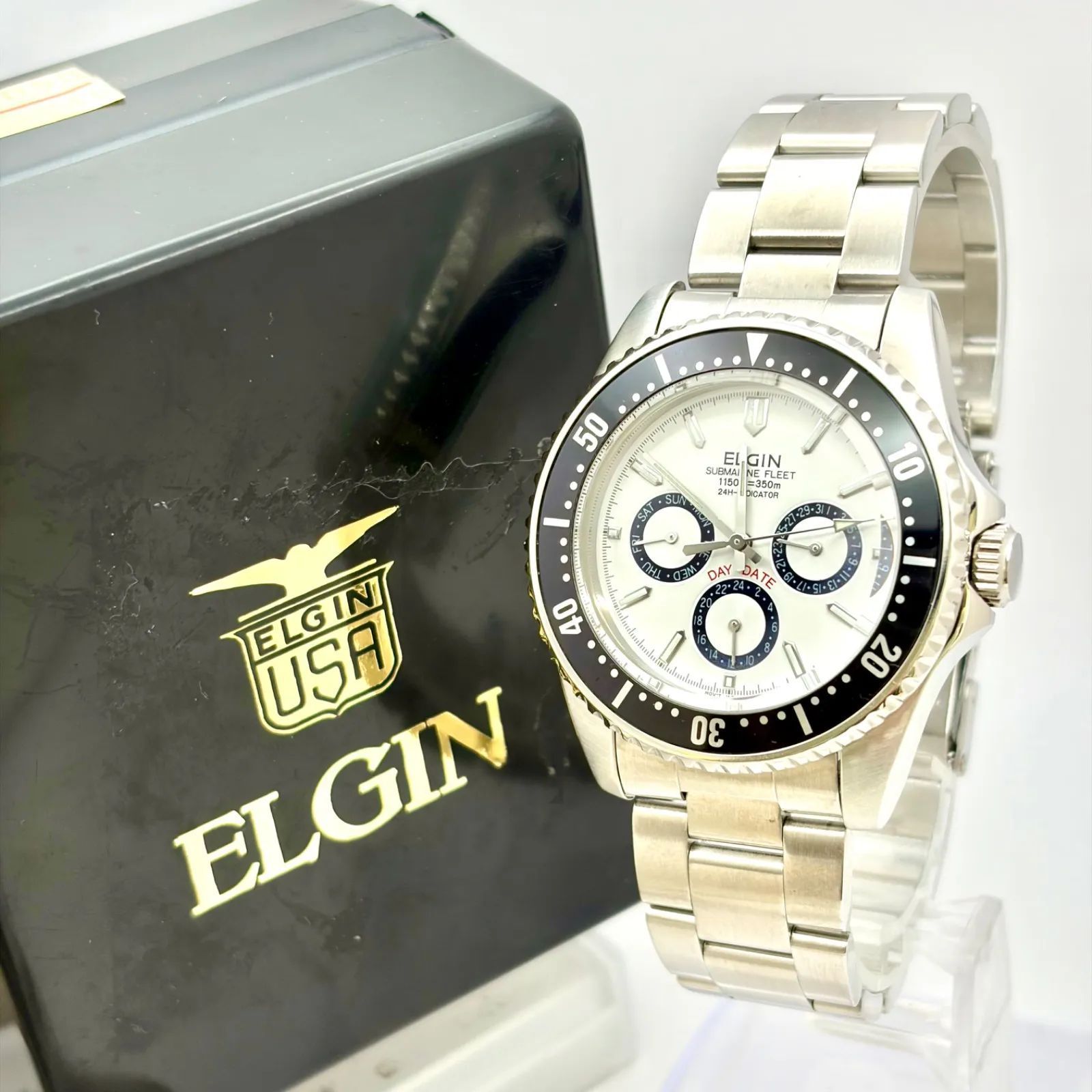 【箱付/美品/新品電池】ELGIN エルジン サブマリンフリート 350M デイデイト メンズ 腕時計 シルバー パンダ 505778 純正ベルト