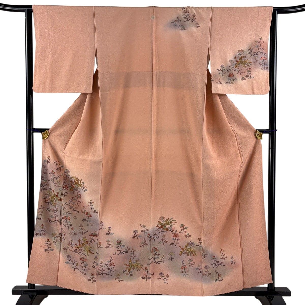 訪問着 身丈158.5cm 裄丈63.5cm S 袷 鳳凰 草花 刺繍 ピンクベージュ 正絹 秀品 一つ紋 【中古】