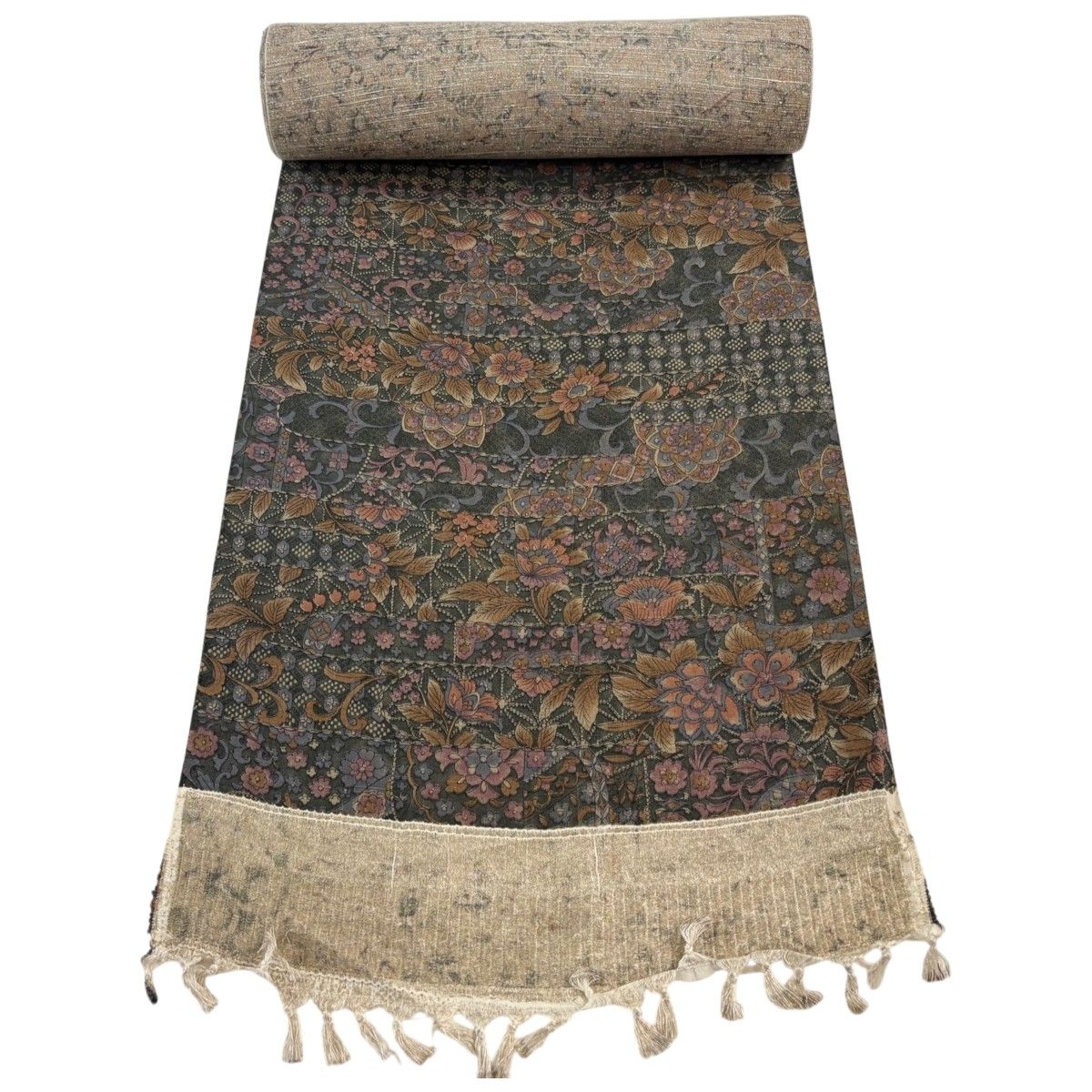 反物 秀品 小紋 花唐草 麻の葉 墨色 正絹 【中古】