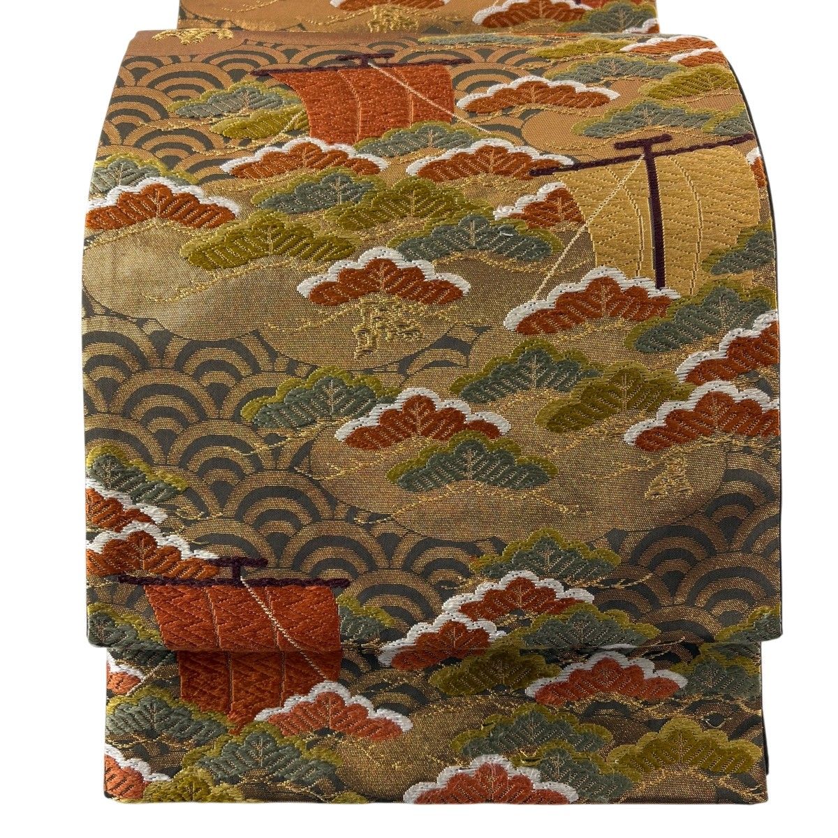 袋帯 逸品 河合美術織物 落款 笠松 帆船 唐織 金糸 金色 六通 正絹 【中古】