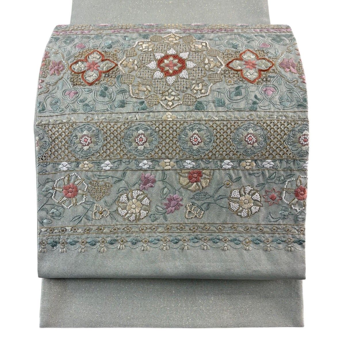 【美品】 袋帯 名品 華文 草花 刺繍 金通し 薄緑 お太鼓柄 正絹 【中古】 11,218円