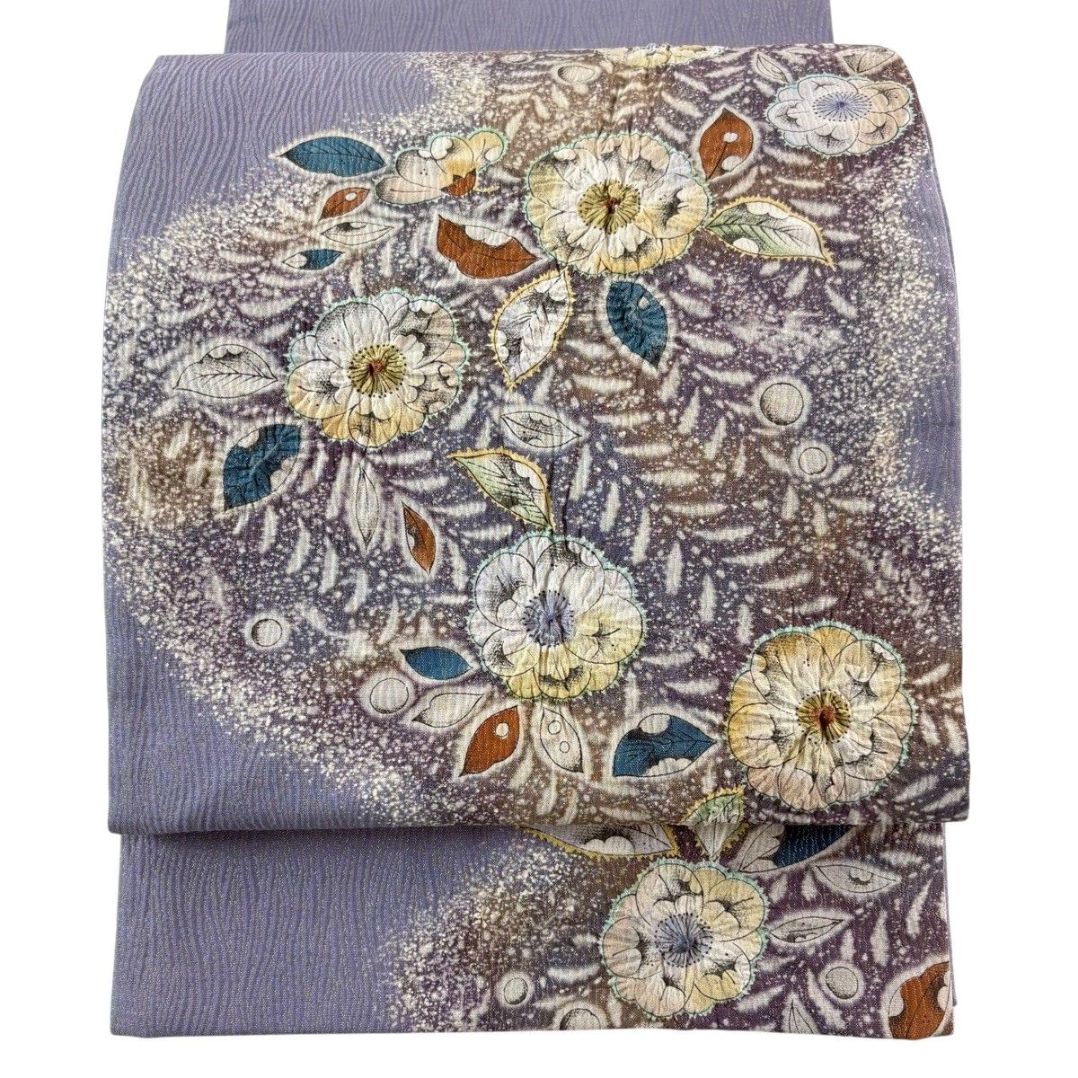 【美品】 袋帯 名品 辻が花 金糸 ふくれ織 灰紫 お太鼓柄 正絹 【中古】