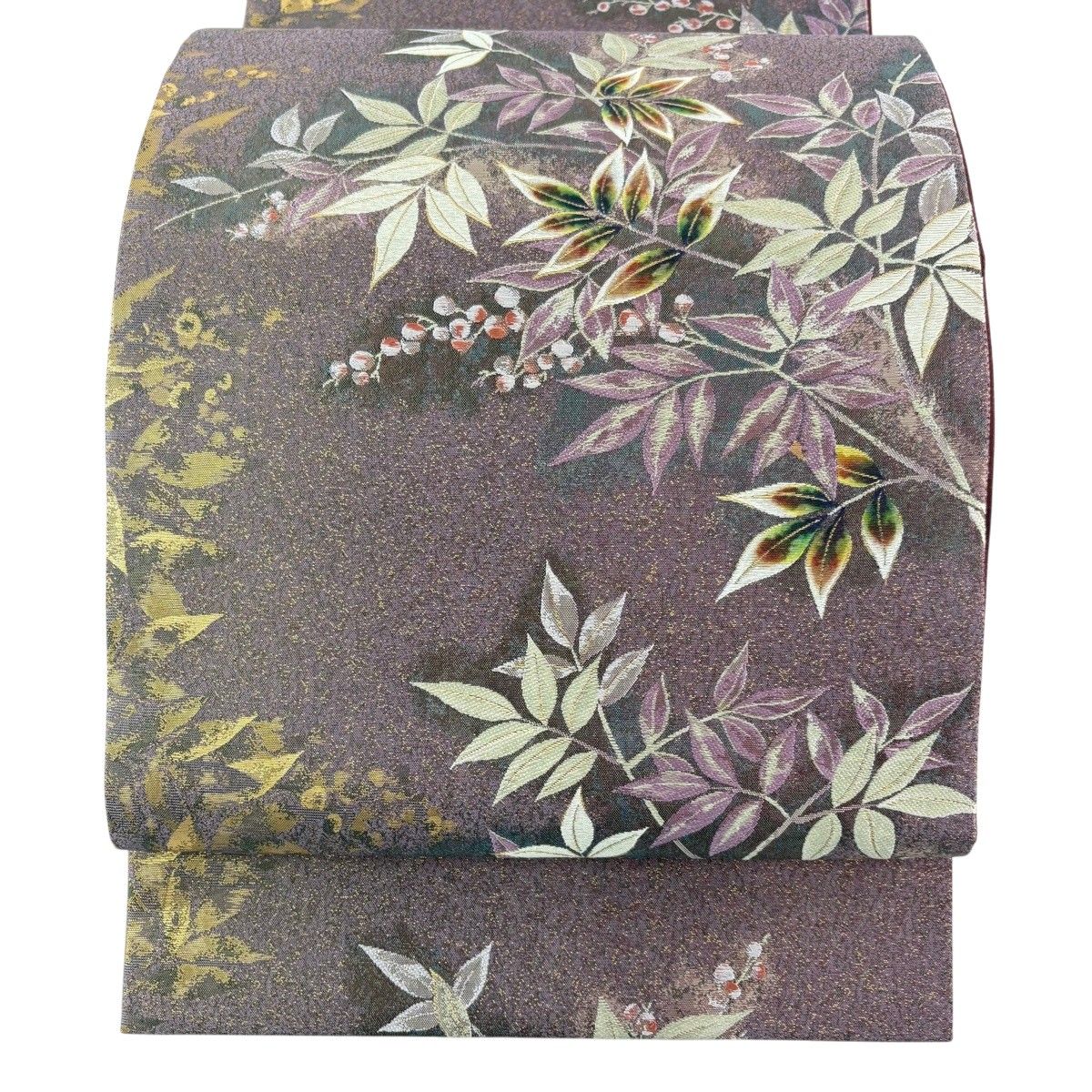 【美品】 袋帯 名品 やまと 枝葉 実 箔 灰紫 お太鼓柄 正絹 【中古】