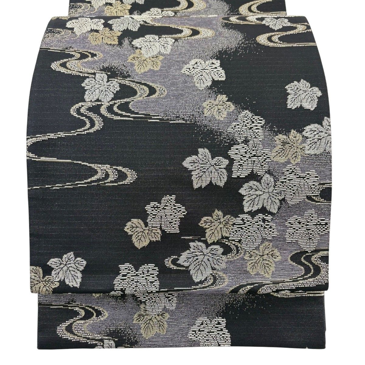 【美品】 袋帯 名品 証紙 葉柄 流水 輪奈織 銀糸 黒 六通 正絹 【中古】 11,376円
